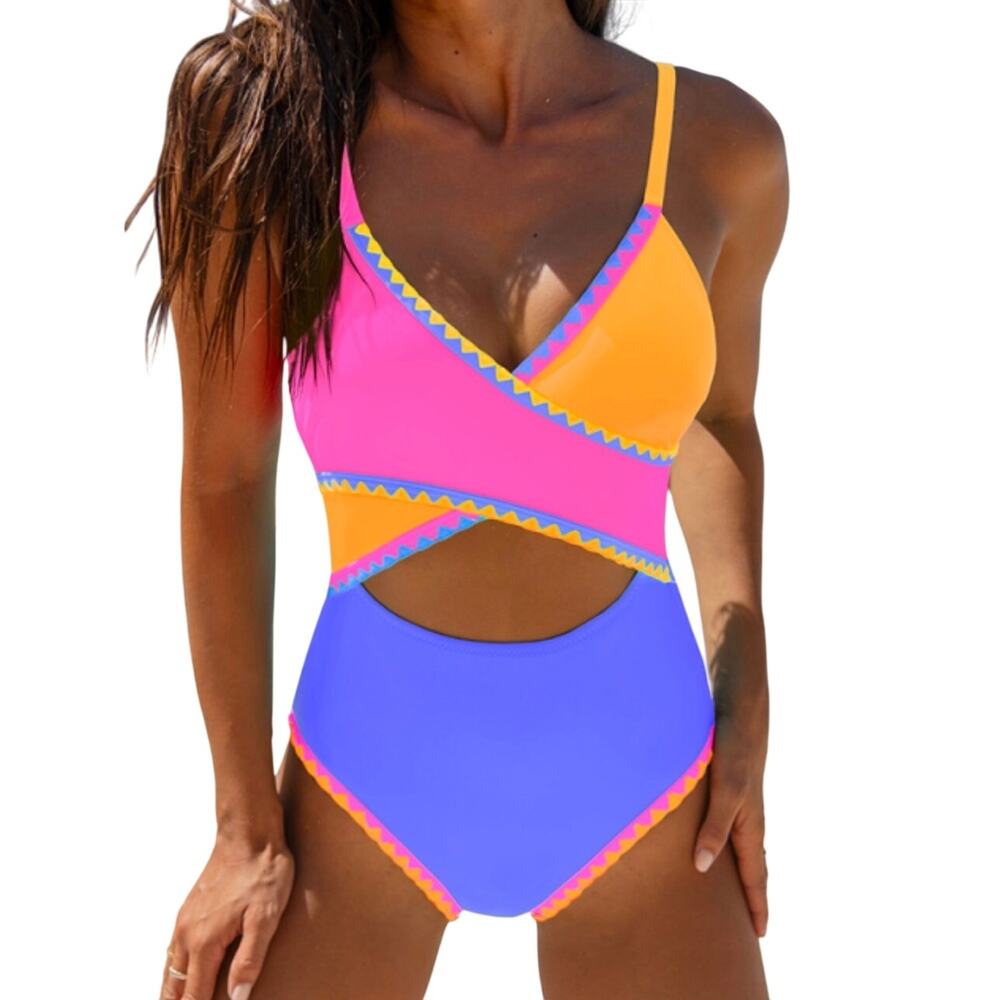 NWT Popvil Colorful Patchwork High Waisted Swimsuit‎ M one piece
